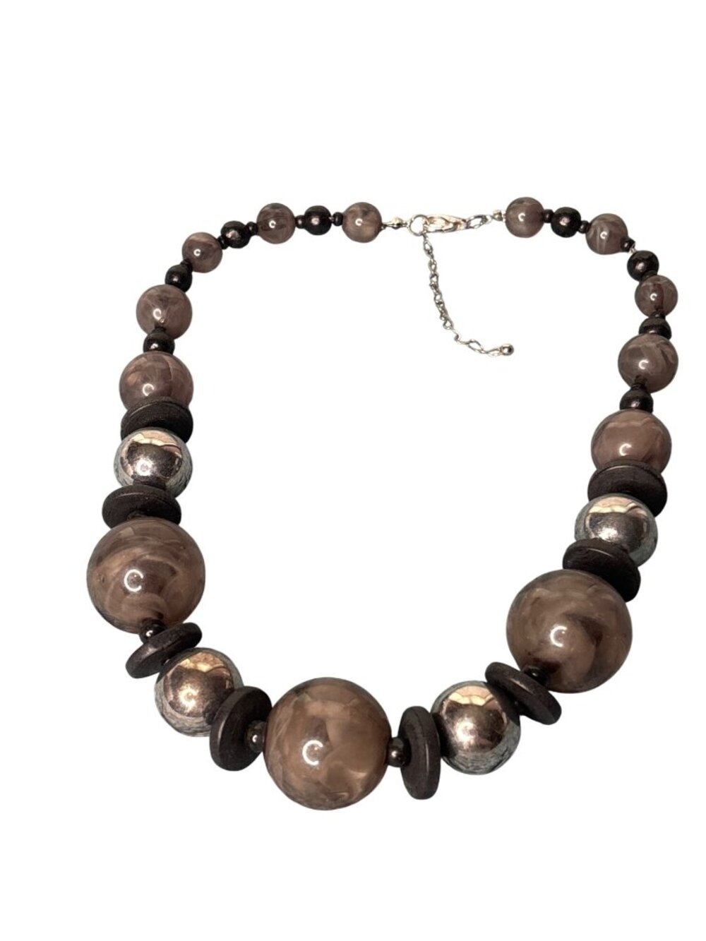 Grey Swirled Plastic Chunky Beaded Necklace Graduated Black Wooden Silvertone